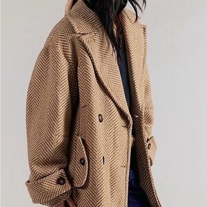 Free People Tan Herringbone Pea Coat